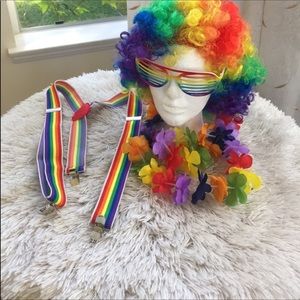 Rainbow Afro Wig, Suspenders & Shades set
